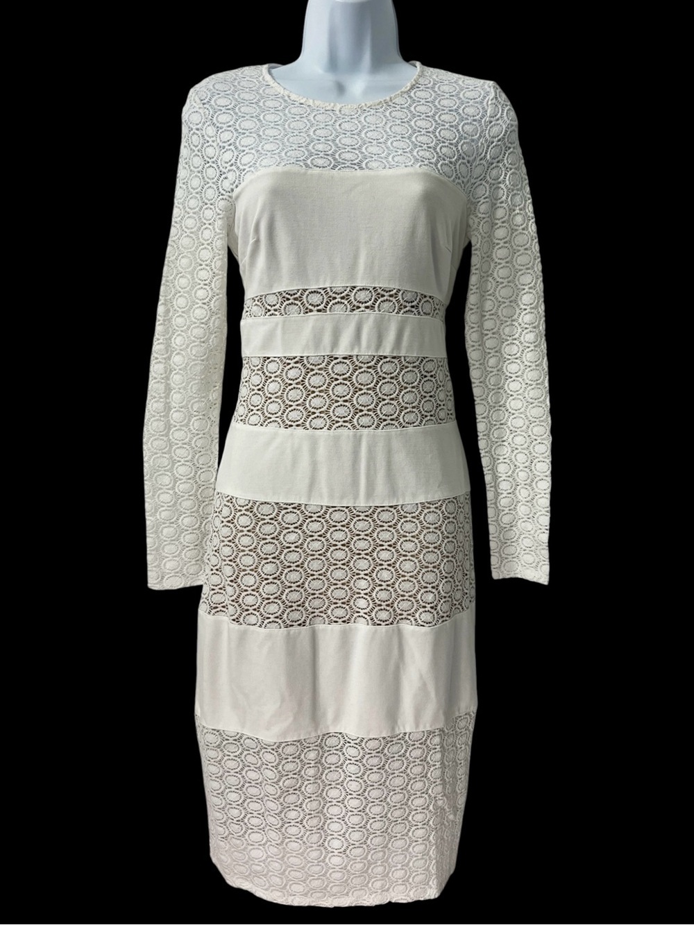 Women’s White Lace Long Sleeve Bodycon Midi Dress S Clubwear Wedding Party Sheer